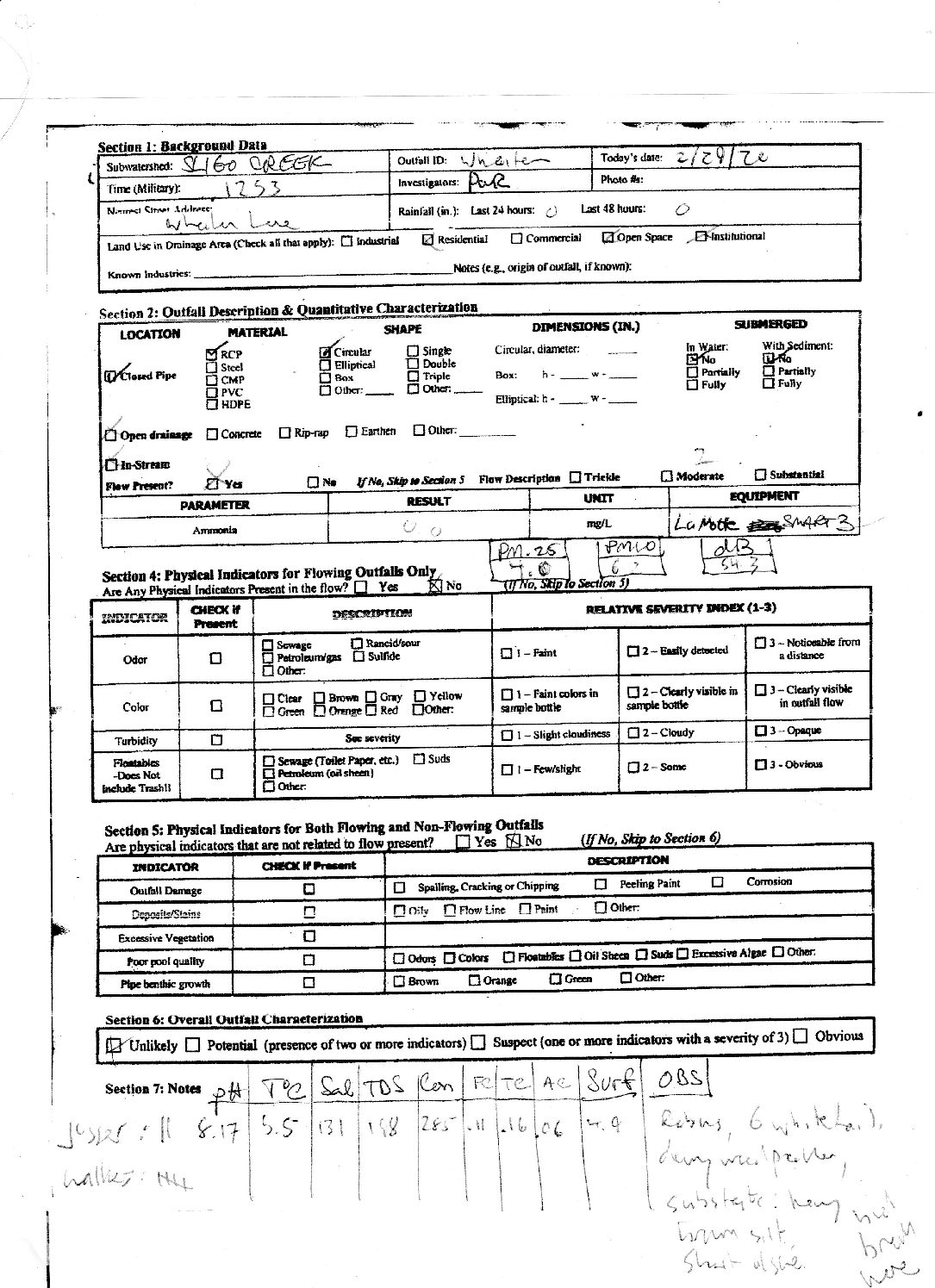 FOSC Water Quality Monitoring Field Sample Sheet