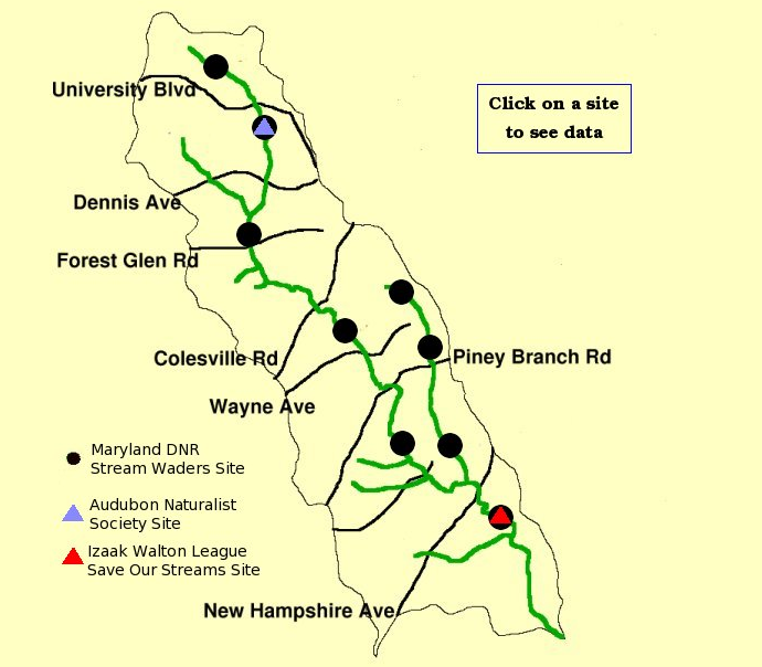 Macroinvertebrate Monitoring Sites in Sligo Creek