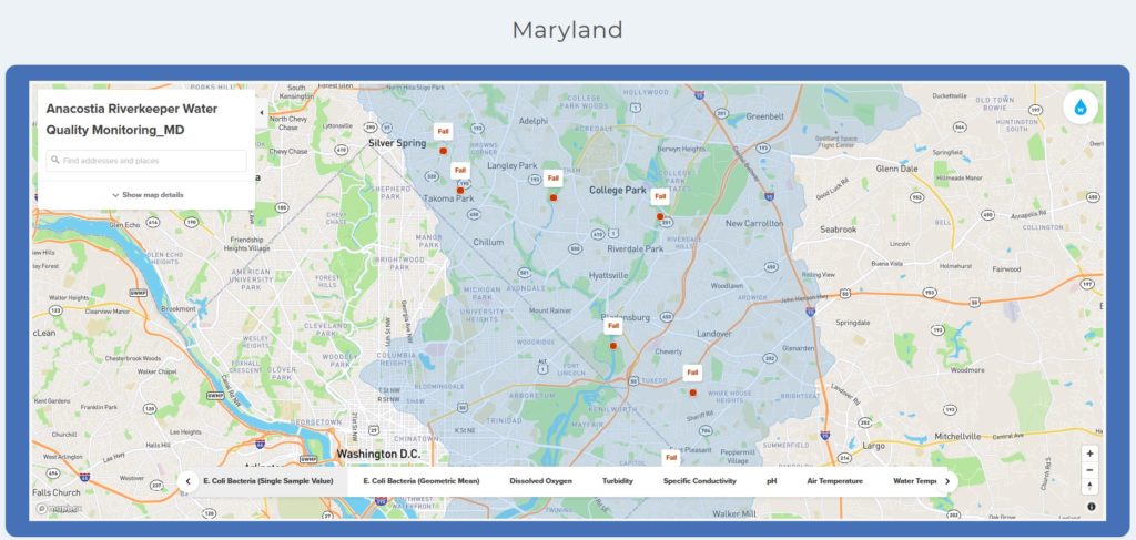Anacostia RiverKeeper Water Quality Data Map late August 2020 showing failing grade for MD streams including Sligo Creek