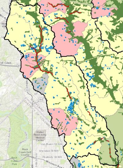 COG map of stormwater projects and forest cover as of 2019.