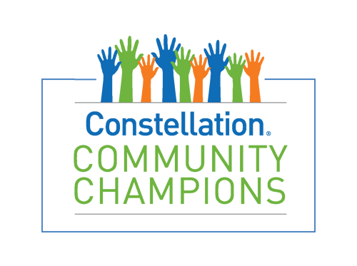 Constellation Energy's Community Champions logo featuring raised hands in green, blue and orange.