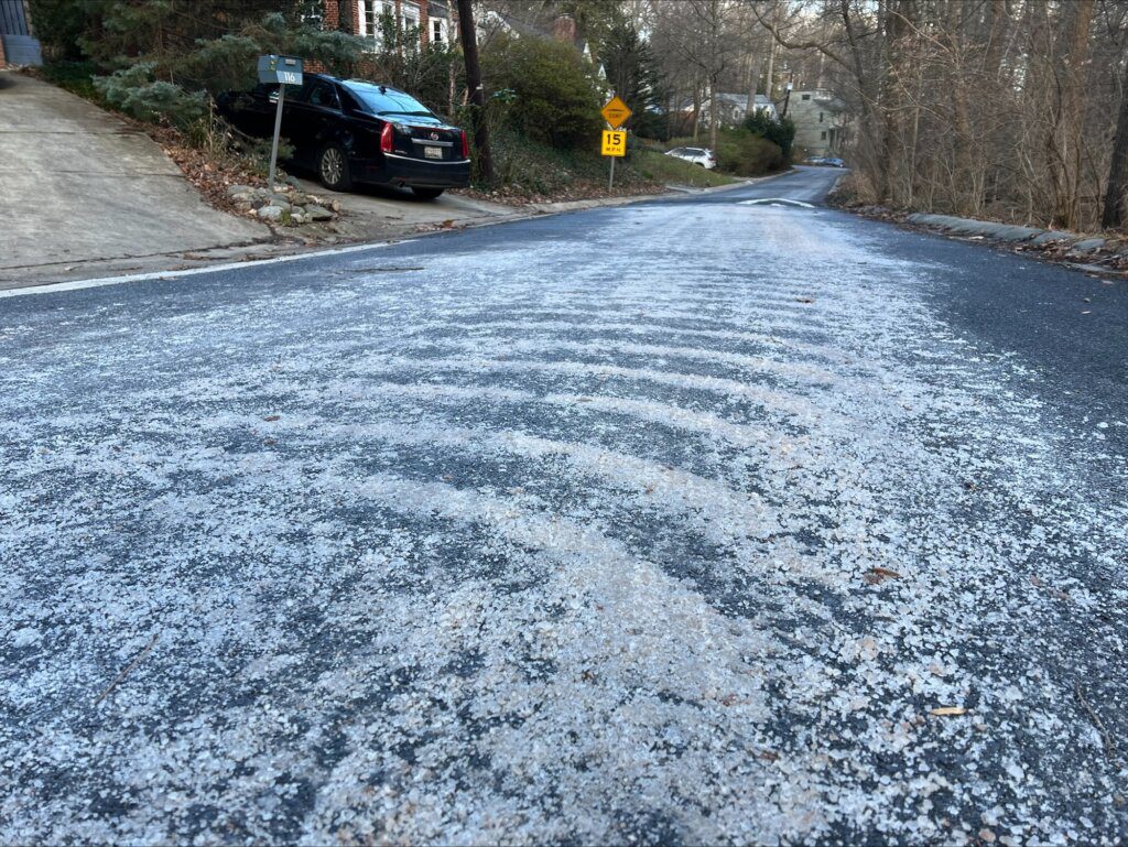 A massive amount of salt applied to Parkside Rd at Sunnyside Rd. in Silver Spring, winter 2024.