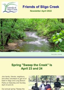 The April 2022 newesletter featuring Sweep the Creek event April 23 and 24.