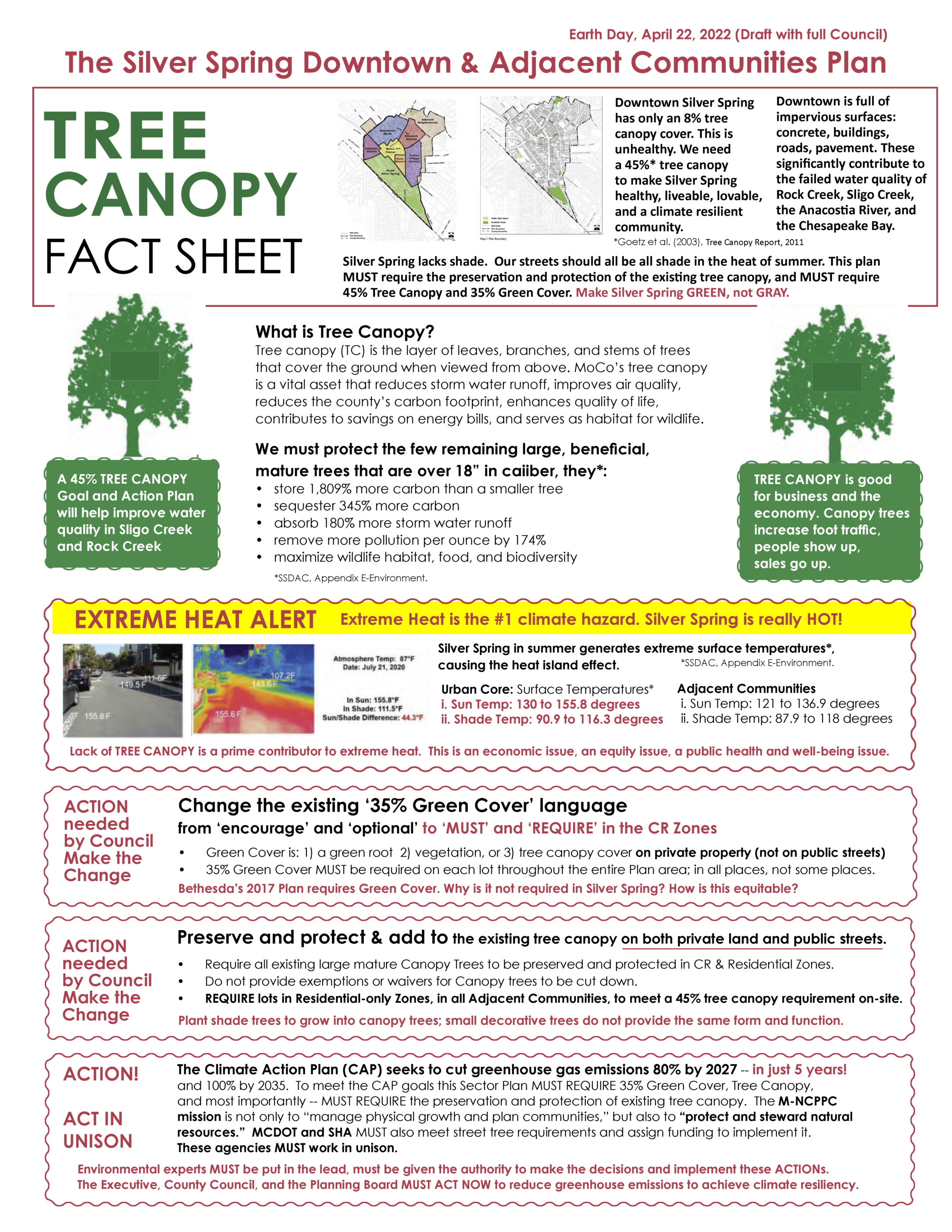 The Tree Canopy Fact Sheet prepared for the County Council hearing on the Downtown SIlver SPring and Adjacent Communities Master Plan , April 2022