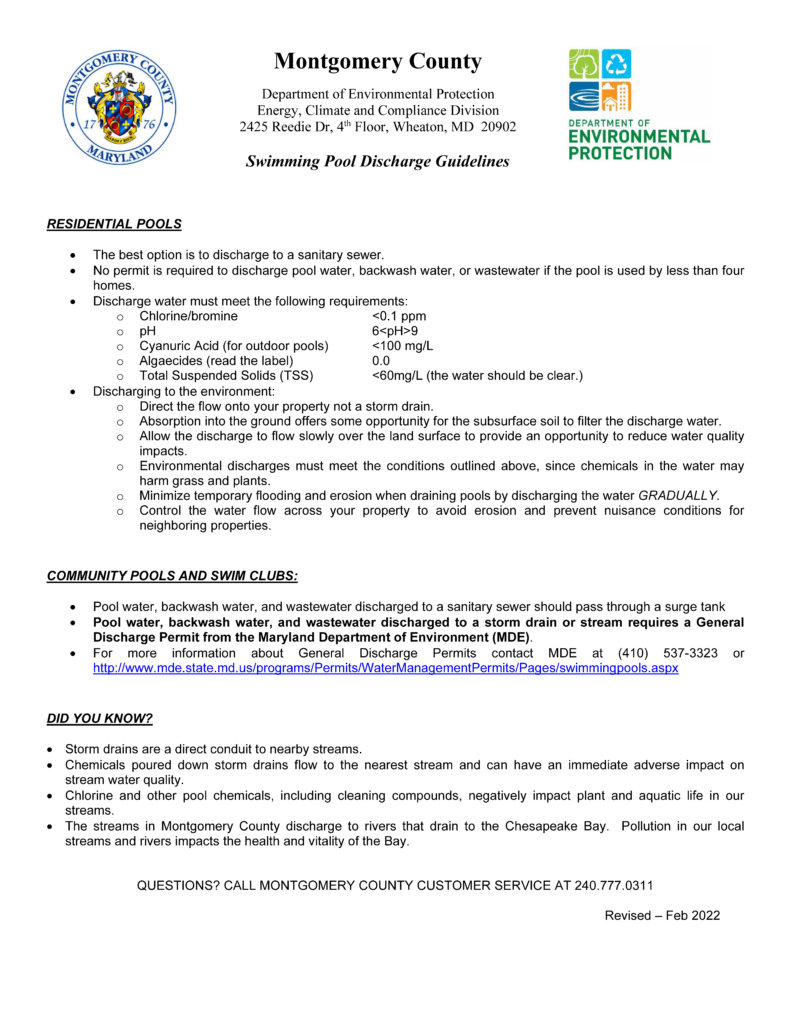 This document contains the County guidelines for pool water drainage into the street,