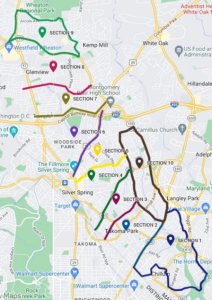 A map of the 10 main sections of the Sligo Creek and Park that are used by Friends of Sligo Creek stewards and others for planning and volunteer work.