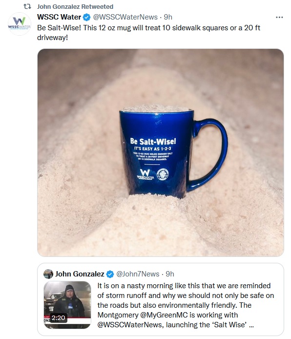 A blue mug sitting on a large pile of salt in the Montgomery County salt depot. The mug is part of the awareness campaign to reduce use of salt in order to protect our waterways.