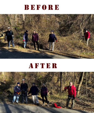 Before and After photos of the weed warriors in front of the area they cleared on MLK, Jr. Day Jan 16, 2023.