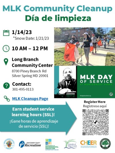 Flyer for the Long Branch Cleanup on Sat Jan 14th in honor of MLK, Jr.