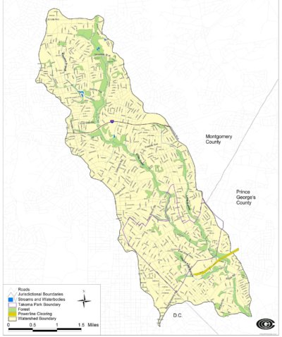 The watershed boundaries for drainage into Sligo Creek