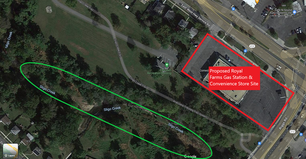 A bird's eye view of the proposed site and Sligo Creek park next to it.