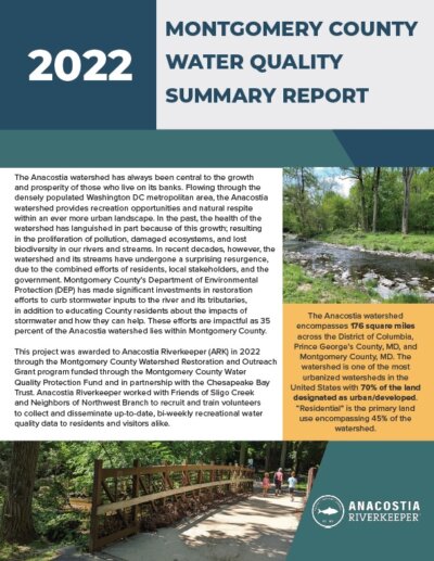 2022 Anacostia Riverkeeper Summary Report of WQ testing sites in Montgomery County.