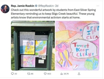 A shout out via Twitter from Congressman Jamie Raskin to the East Silver Spring students who supported the Sweep with their artwork 