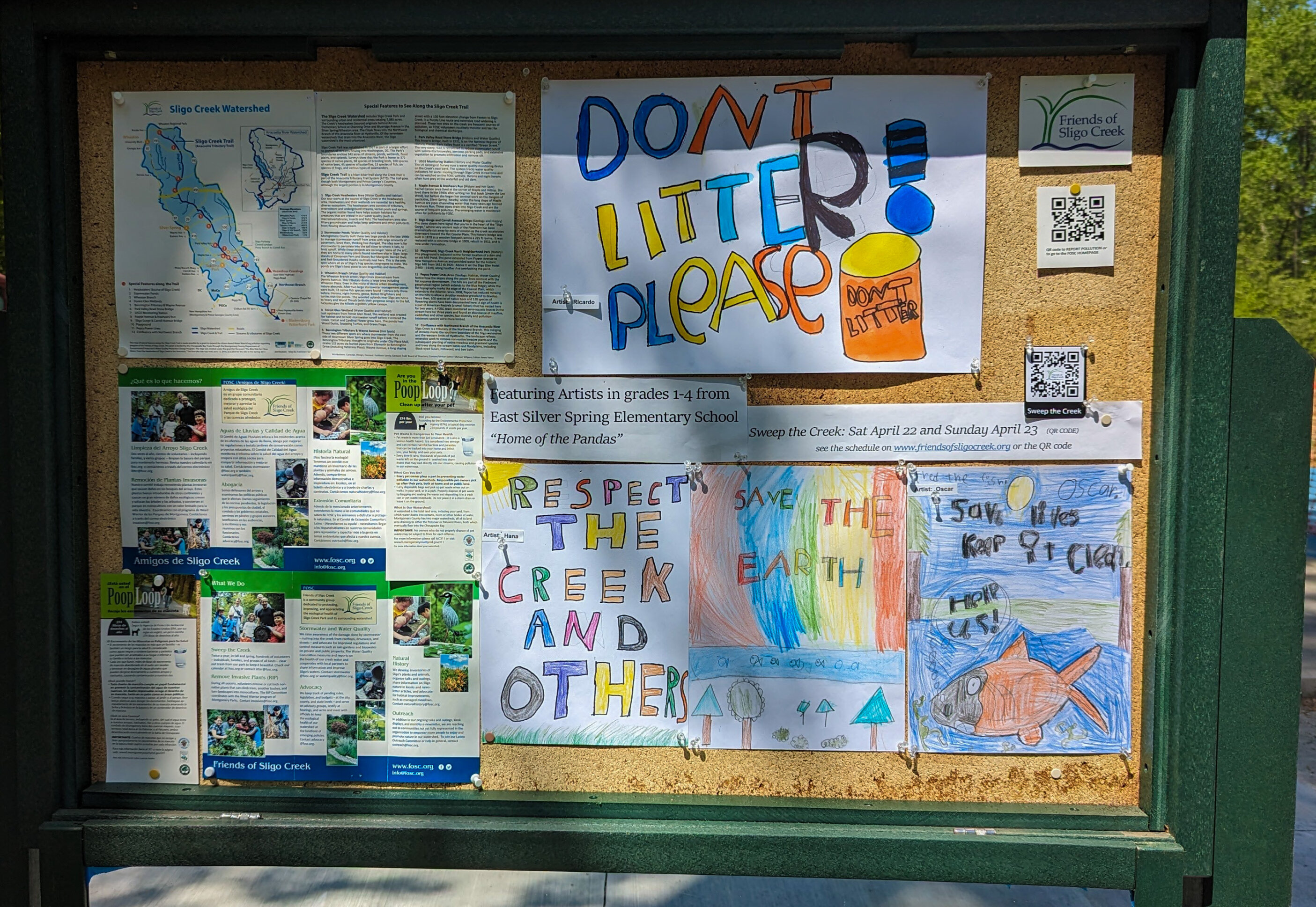 Section 4 Kiosk exhibiting students' artwork about Sweeping the Creek of litter.