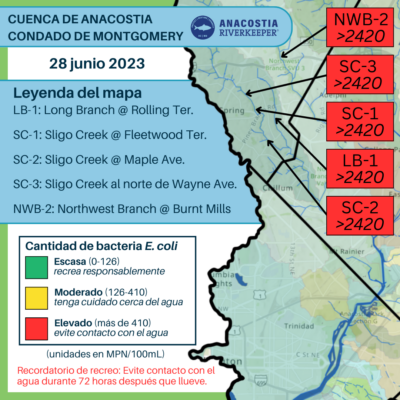 The MoCo testing results in Spanish for the 4 test sites in the Sligo Watershed. All four tested well above 410 units of E. coli for 6.28.2023