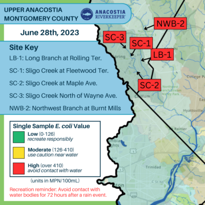 The MoCo map showing all 4 sligo watershed site failed - they tested above 410 units E.Coli on 6.28.2023