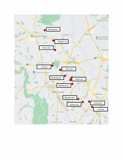 the 12 sites in Sligo Creek where FOSC monitors chemical and biological parameters. 