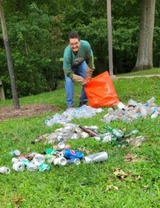Ed Murtagh with the start of the recyclables piles - glass, metal cans, and plastic bottles.