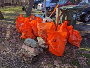 Pile of bags filled with trash removed from Section 4 of Sligo Creek.