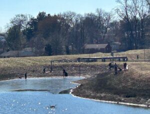 People in the distance picking up trash on several of the pond banks.