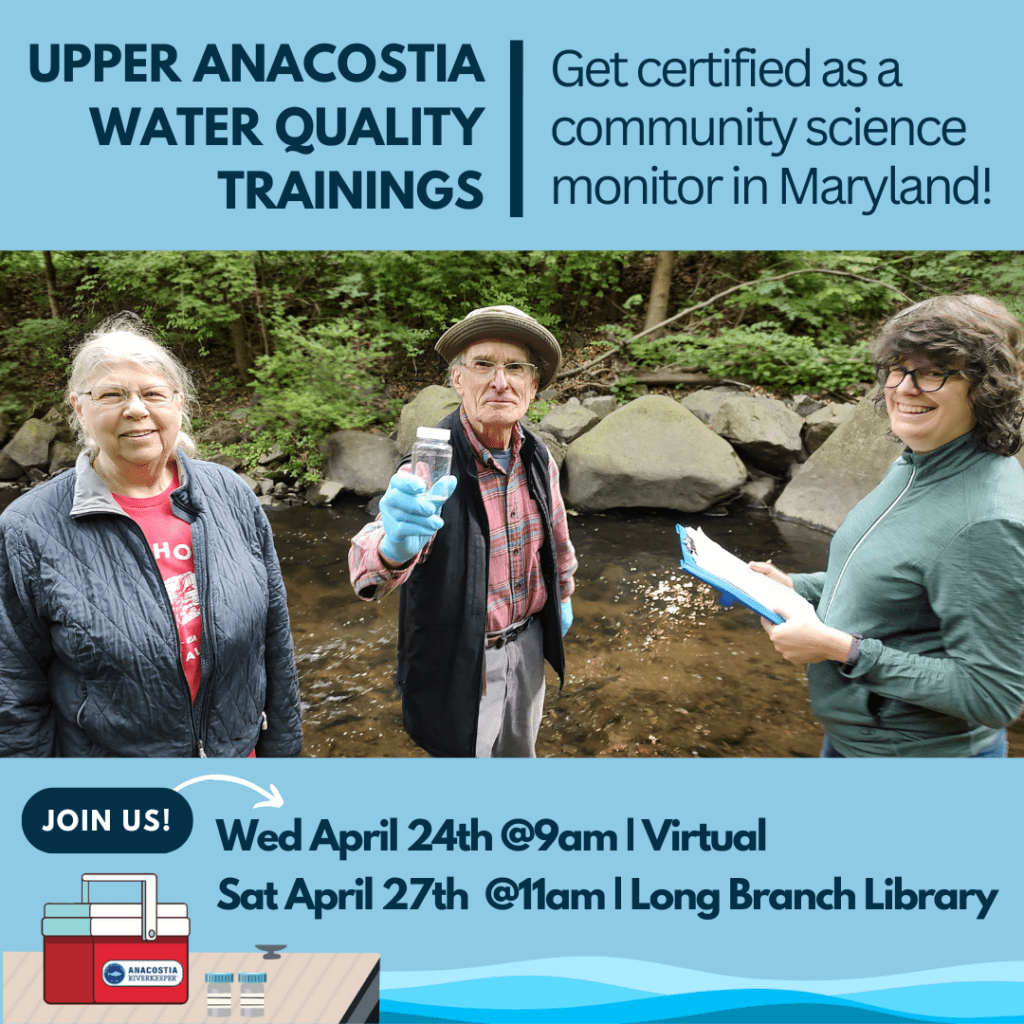 Flyer for summer water quality testing training on Wed, April 24 virtually, and Sat April 27 in person at Long Branch Library at 11am -12pm.
