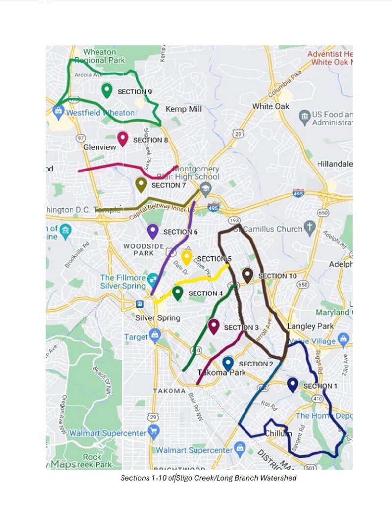 Sligo.Long Branch watershed map Map of Sligo Creek and Long Branch sections 1 -10